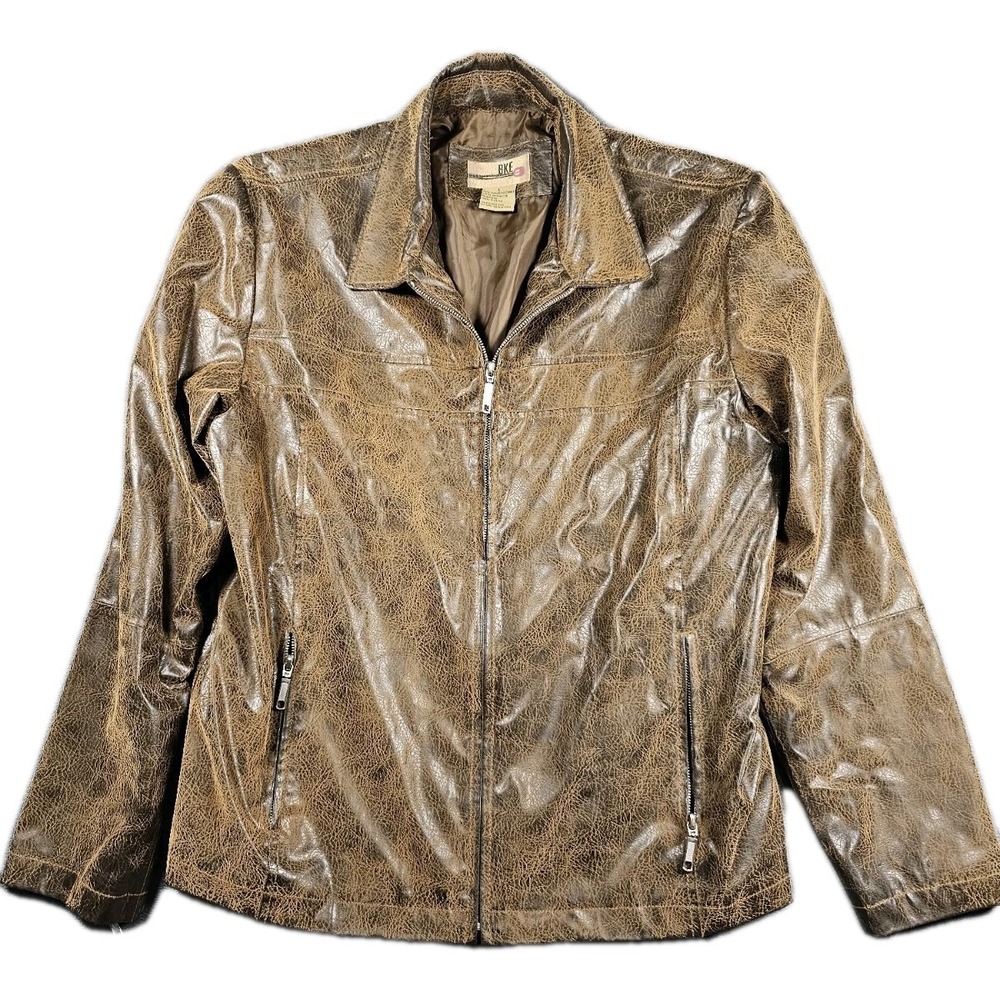 BKE Buckle Men's Jacket Large Patina Brown Faux Leather Full-Zip Moto Lined‎